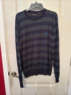 Ben Sherman Men's Navy and Gray Striped Crewneck Sweater